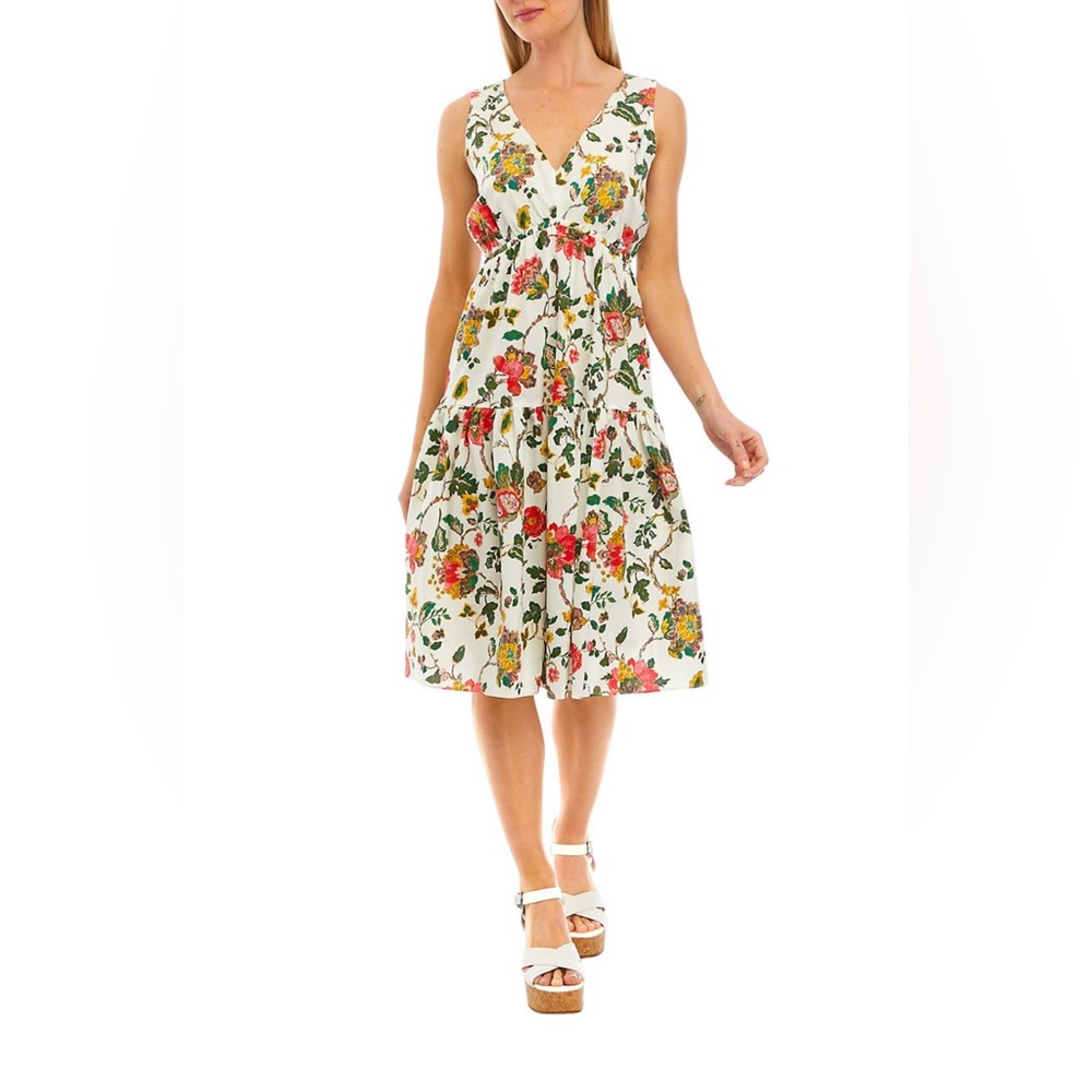Women's Sleeveless V-Neck
Cinched Waist Floral Printed Fit and Flare Dress